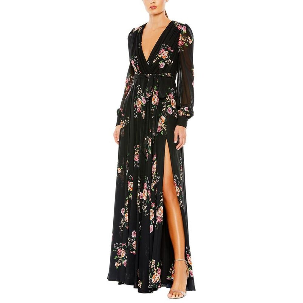 Mac Duggal Womens  Floral Print Illusion Gown, Black